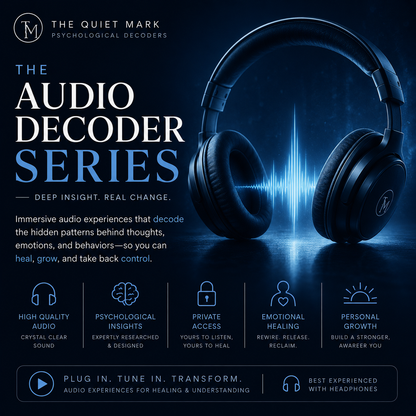 Dark blue cinematic promotional image for The Audio Decoder Series featuring large headphones, glowing soundwave graphics, psychological audio branding, and immersive audiobook-style private listening themes.
