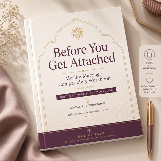 Square product image of the Before You Get Attached Muslim Marriage Compatibility Workbook with an elegant cream, plum and gold cover.