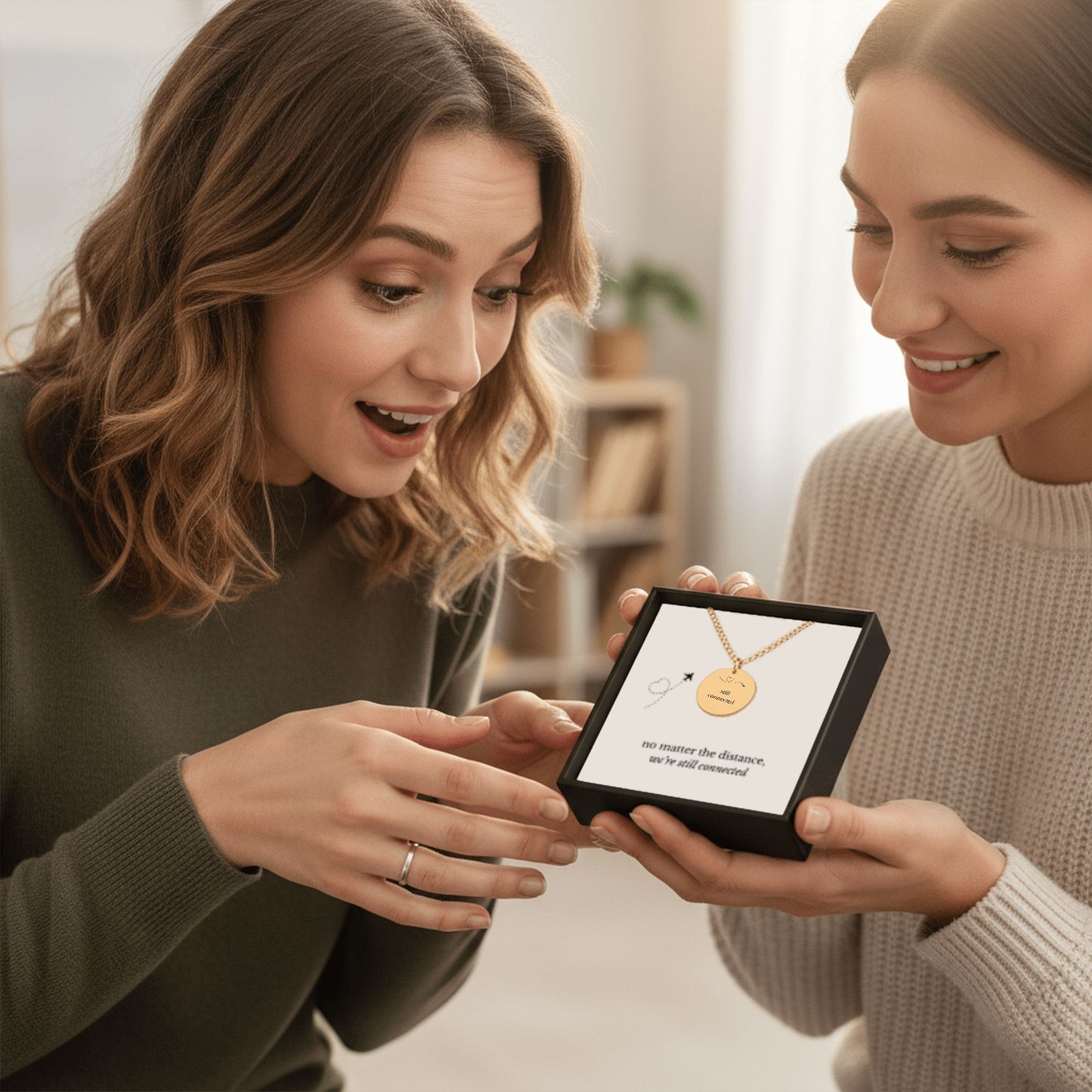 Still Connected Necklace – Long Distance Relationship Gift, Personalized Engraved Pendant (Across Miles)