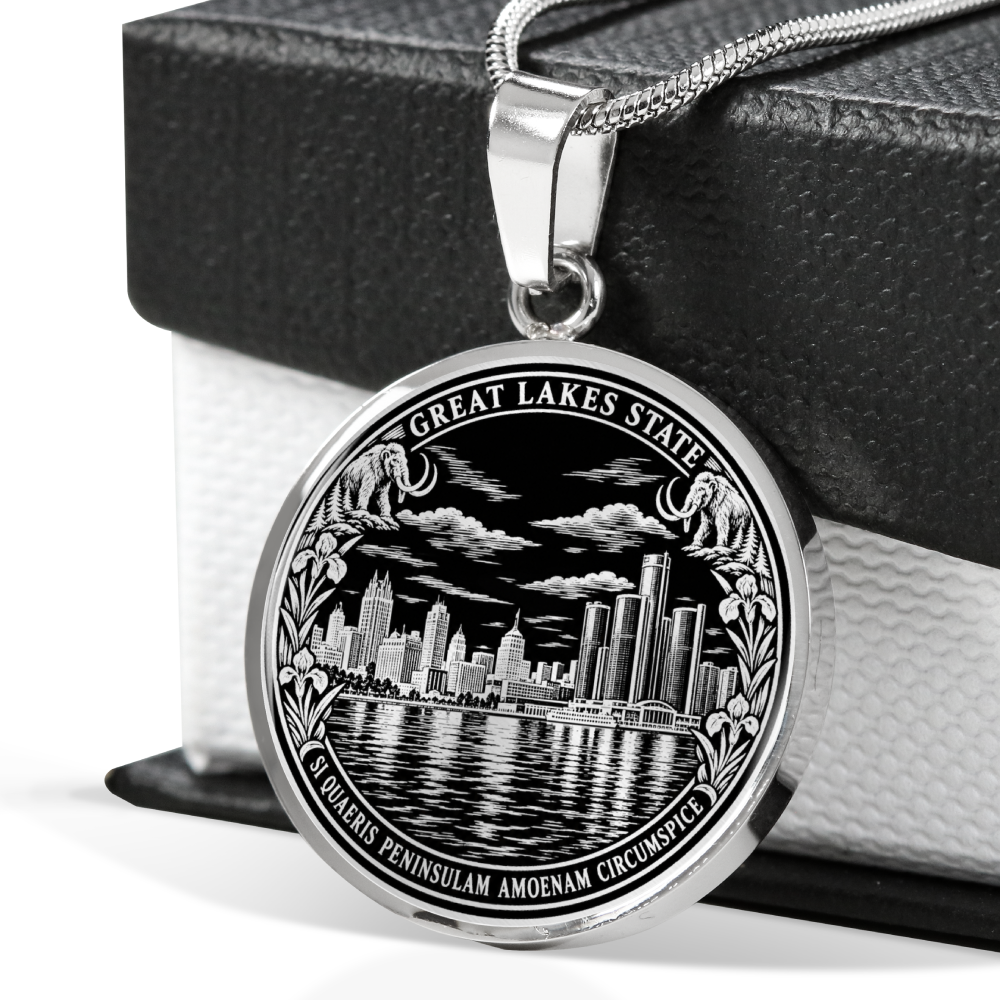 Silver Detroit skyline necklace with Renaissance Center-inspired towers, river reflections, Great Lakes State lettering and Michigan Latin motto in front of a black gift box.
