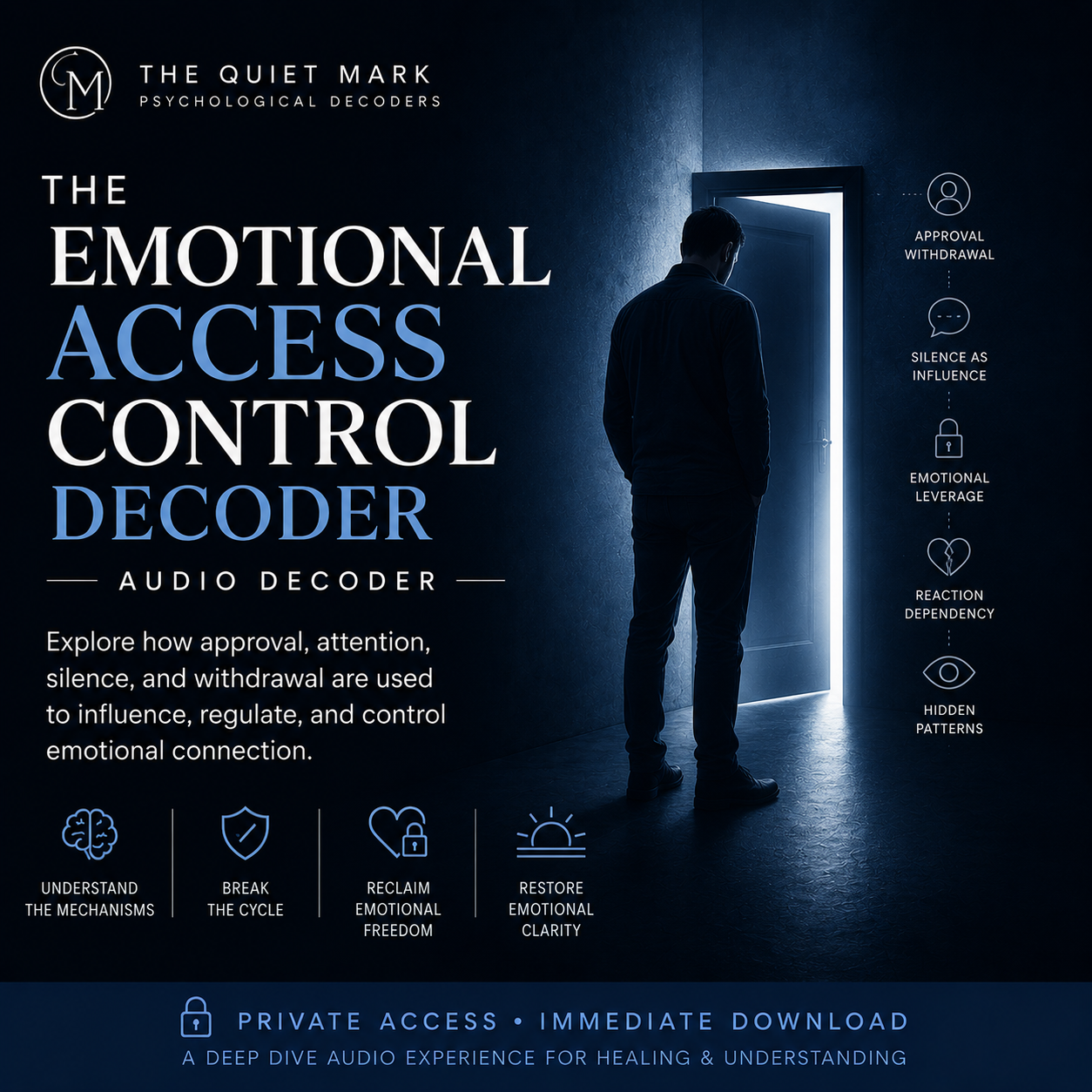 Promotional graphic for 'The Emotional Access Control Decoder' with a silhouette of a person standing in a doorway.