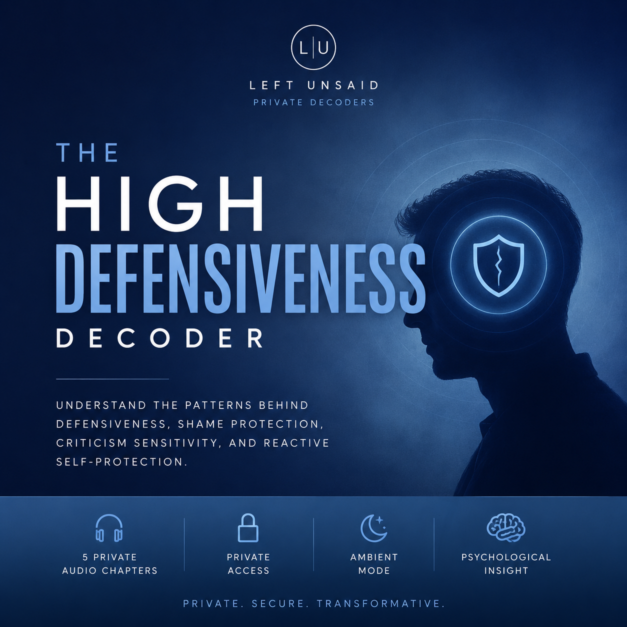 Promotional graphic for 'The High Defensiveness Decoder' with a silhouette of a person and text on a dark blue background.