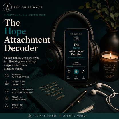 Promotional image for 'The Hope Attachment Decoder' by The Quiet Mark, featuring headphones, phone, notebook, and candle.