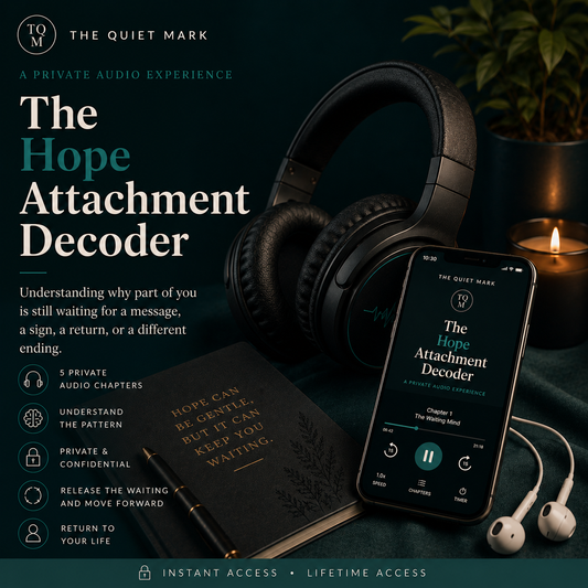 Headphones and smartphone with 'The Quiet Mark' app on a dark background
