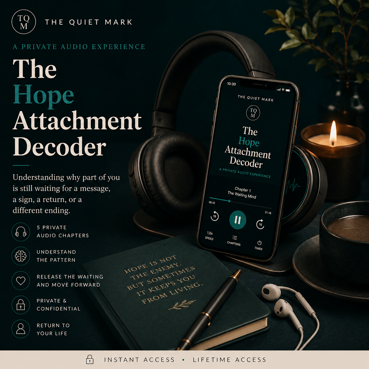 Headphones, smartphone, and book with 'The Quiet Mark' branding on a dark background