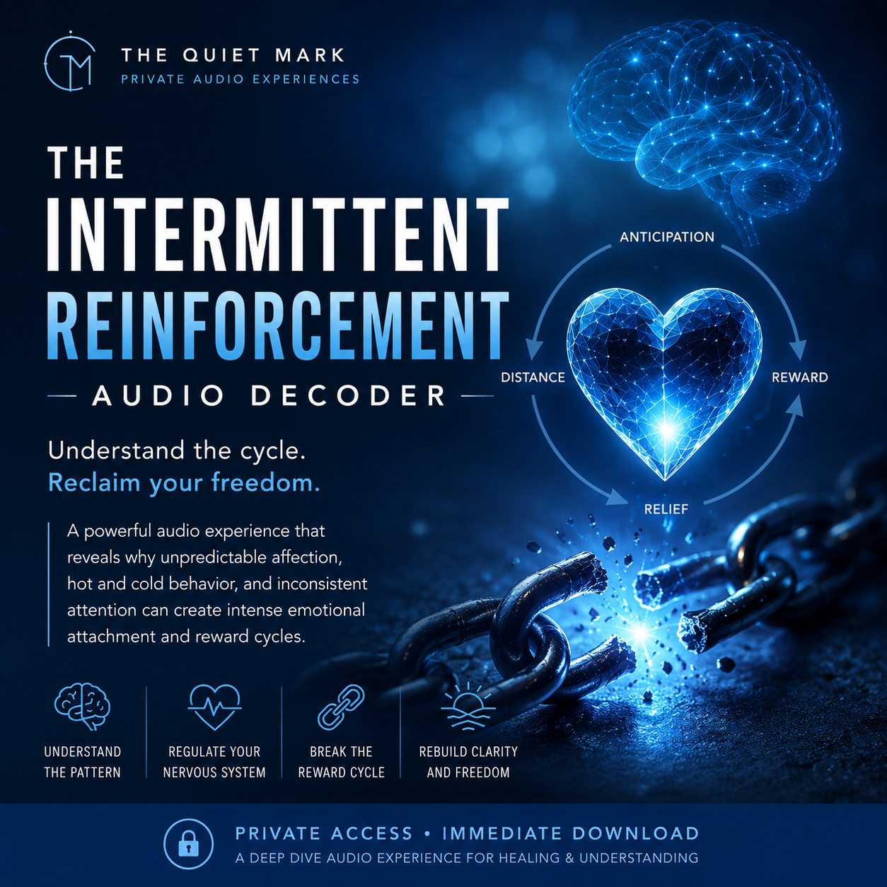 Advertisement for 'The Intermittent Reinforcement Audio Decoder' by The Quiet Mark, featuring a brain and heart illustration on a blue background.