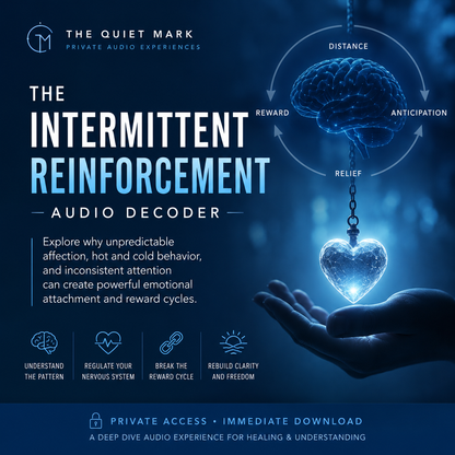 Blue psychological audio decoder cover for The Intermittent Reinforcement Audio Decoder featuring a glowing heart, neural brain graphic, and themes of emotional reward cycles, hot and cold behavior, and attachment anticipation.
