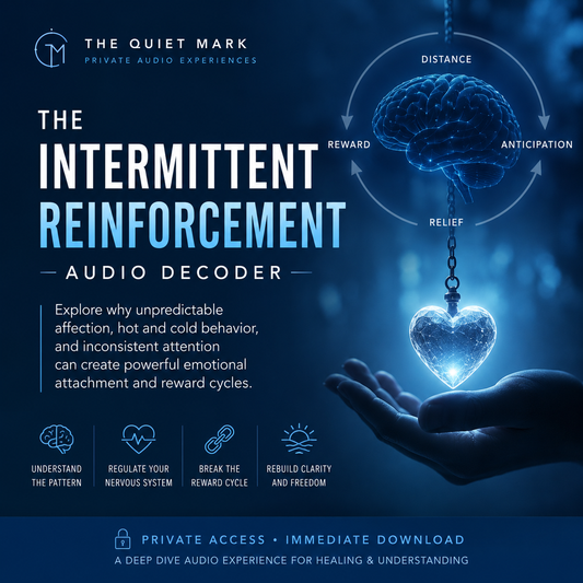 Blue psychological audio decoder cover for The Intermittent Reinforcement Audio Decoder featuring a glowing heart, neural brain graphic, and themes of emotional reward cycles, hot and cold behavior, and attachment anticipation.