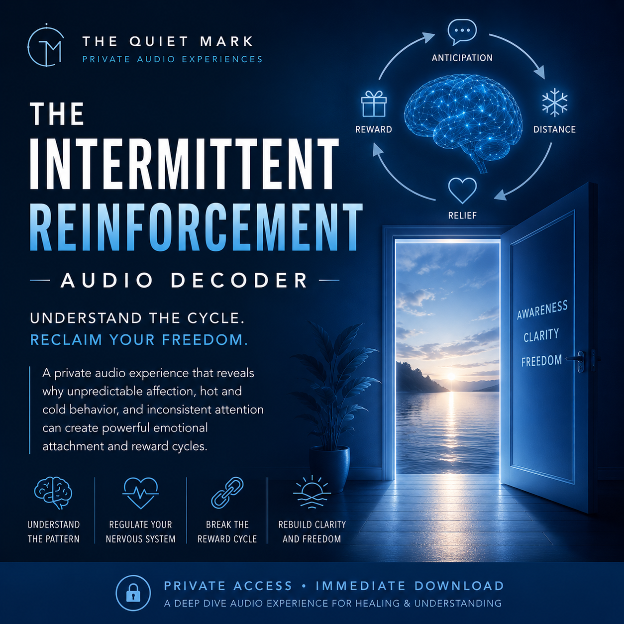 Blue psychological audio decoder product cover featuring emotional reward cycle symbolism, glowing neural imagery, attachment themes, and concepts of breaking free from intermittent reinforcement and hot-and-cold relationship patterns.