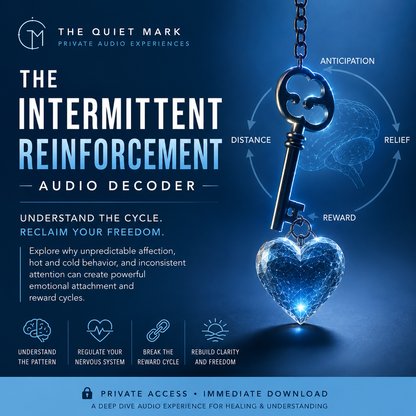 Blue psychological audio decoder product cover featuring a glowing heart hanging from a key, emotional reward cycle graphics, and themes of intermittent reinforcement, anticipation, relief, and attachment patterns.