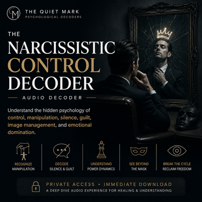 Promotional graphic for 'The Narcissistic Control Decoder' with a man looking into a mirror wearing a crown.