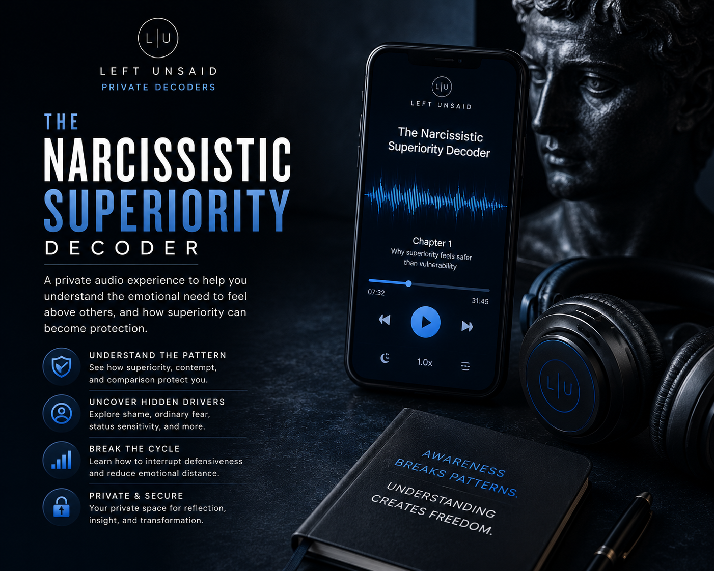 Dark cinematic audiobook promotional image for The Narcissistic Superiority Decoder featuring a mobile audio player, headphones, luxury statue face, and themes of superiority, contempt, comparison, and emotional self-protection.