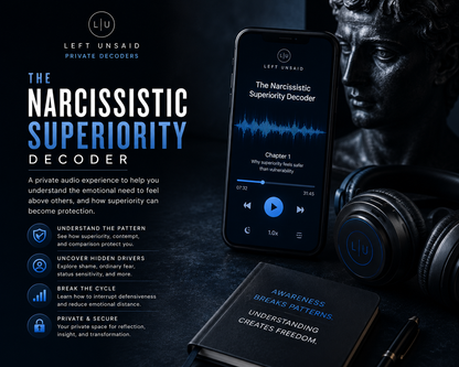 Dark cinematic audiobook promotional image for The Narcissistic Superiority Decoder featuring a mobile audio player, headphones, luxury statue face, and themes of superiority, contempt, comparison, and emotional self-protection.