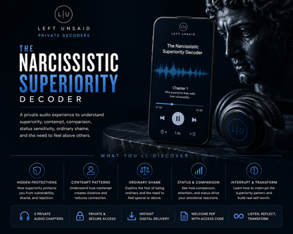 Dark blue cinematic audiobook infographic for The Narcissistic Superiority Decoder featuring a mobile audio player, luxury statue, headphones, and psychological themes of superiority, comparison, contempt, status sensitivity, and emotional protection.