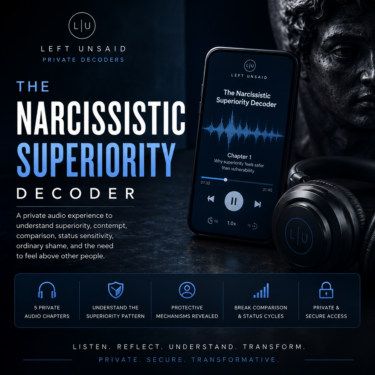 Dark blue psychological audiobook cover for The Narcissistic Superiority Decoder featuring a luxury statue face, headphones, mobile audio player, and themes of superiority, comparison, status sensitivity, and emotional protection.