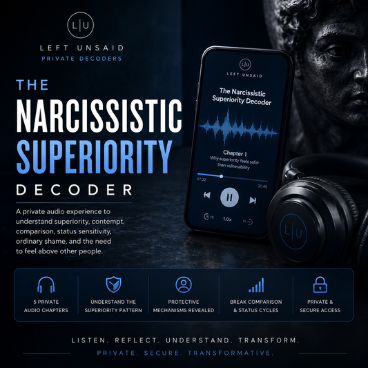 Dark blue psychological audiobook cover for The Narcissistic Superiority Decoder featuring a luxury statue face, headphones, mobile audio player, and themes of superiority, comparison, status sensitivity, and emotional protection.