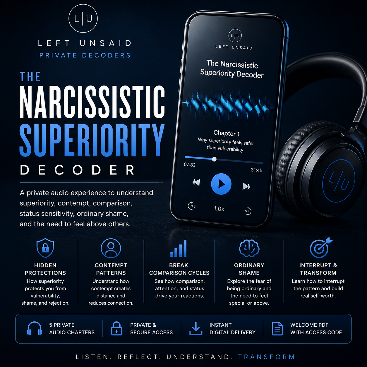 Smartphone displaying 'The Narcissistic Superiority Decoder' with headphones on a dark background, featuring Left Unsaid branding.
