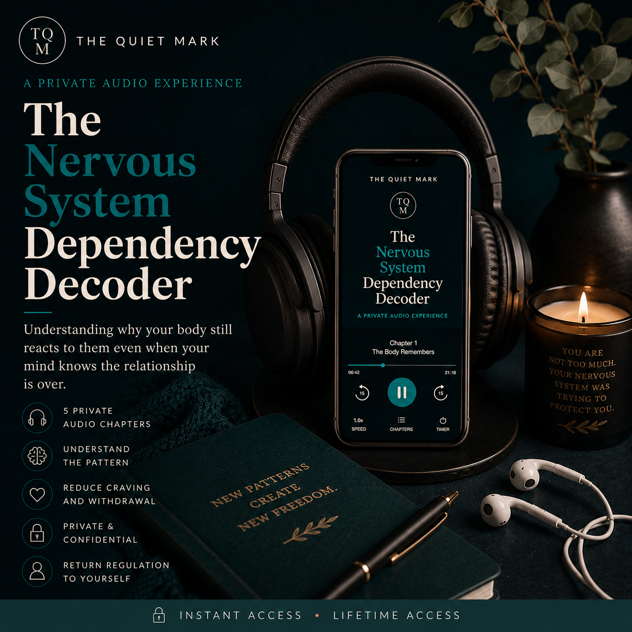 Headphones and phone with 'The Nervous System Dependency Decoder' app on a dark background, featuring 'The Quiet Mark' branding.