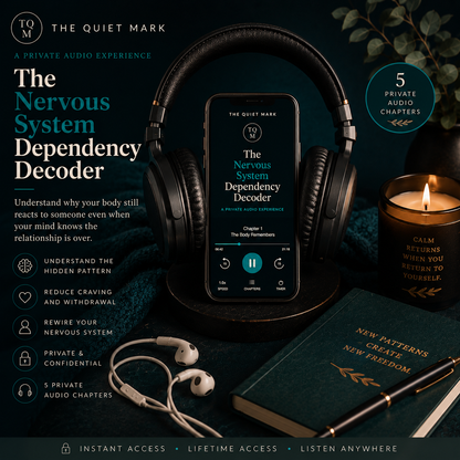 Square product image for The Quiet Mark Nervous System Dependency Decoder featuring a smartphone displaying the private audio experience positioned between premium over-ear headphones. Earphones, a journal, pen, candlelight, and dark teal textures create a calm listening environment. The image represents emotional dependency, nervous system regulation, attachment patterns, withdrawal, healing, and private reflective listening after a relationship ends.