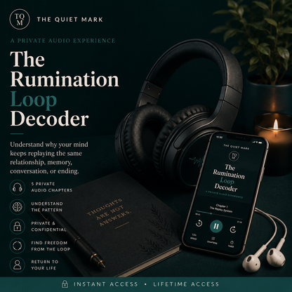 Headphones and smartphone with 'The Quiet Mark' app on a dark background