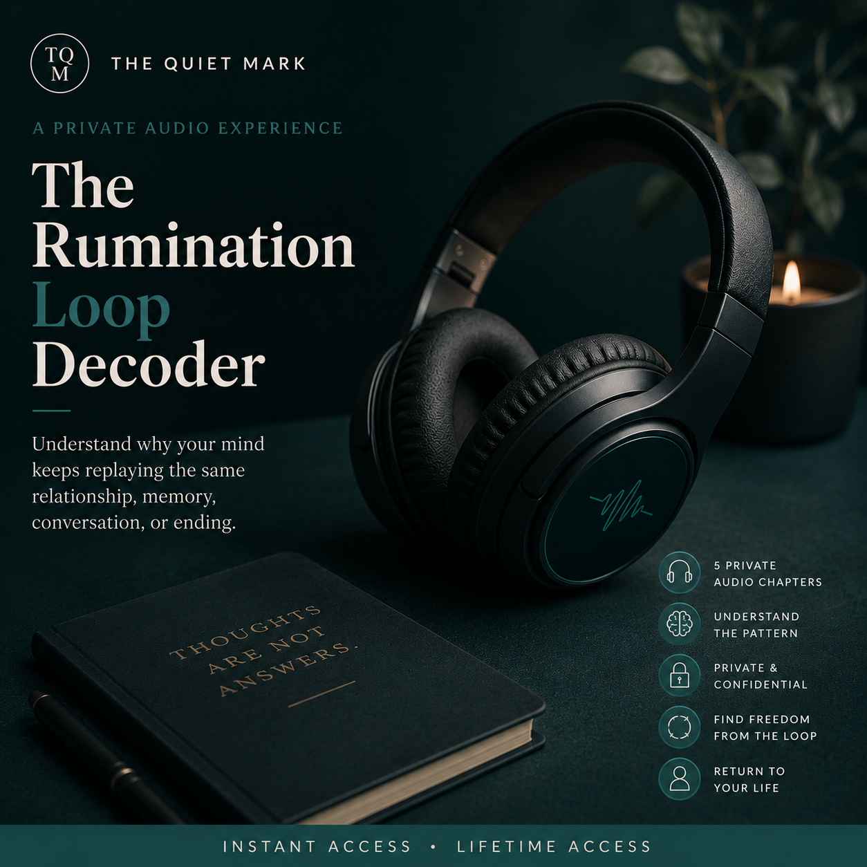 Headphones and book with 'The Rumination Loop Decoder' on a dark background