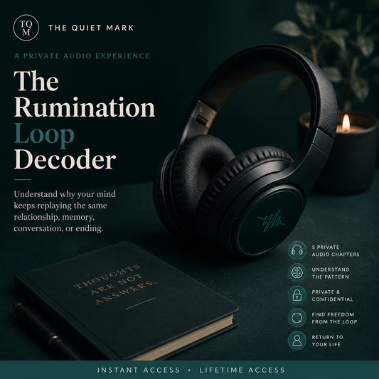 Headphones and book with 'The Rumination Loop Decoder' on a dark background