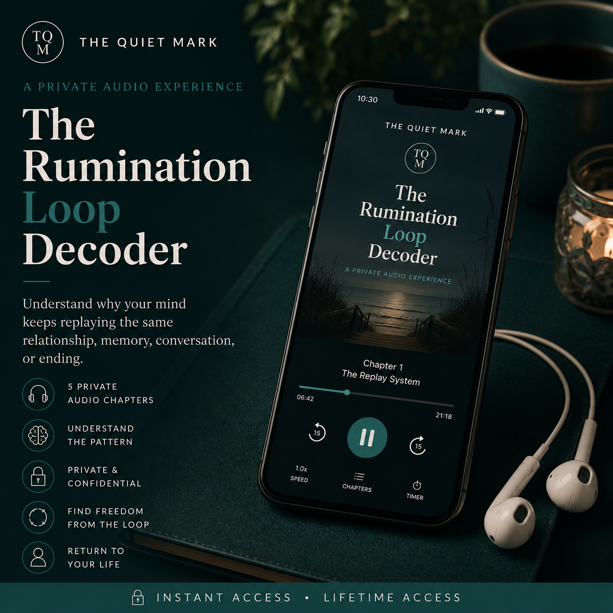 Phone displaying 'The Rumination Loop Decoder' app with earphones and a cup on a dark surface