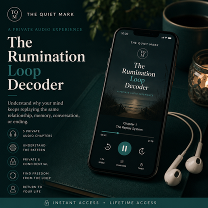 Phone displaying 'The Rumination Loop Decoder' app with earphones and a cup on a dark surface