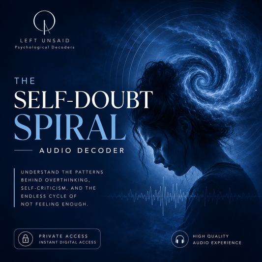 Promotional graphic for 'The Self-Doubt Spiral' audio decoder with a silhouette of a person and swirling design.