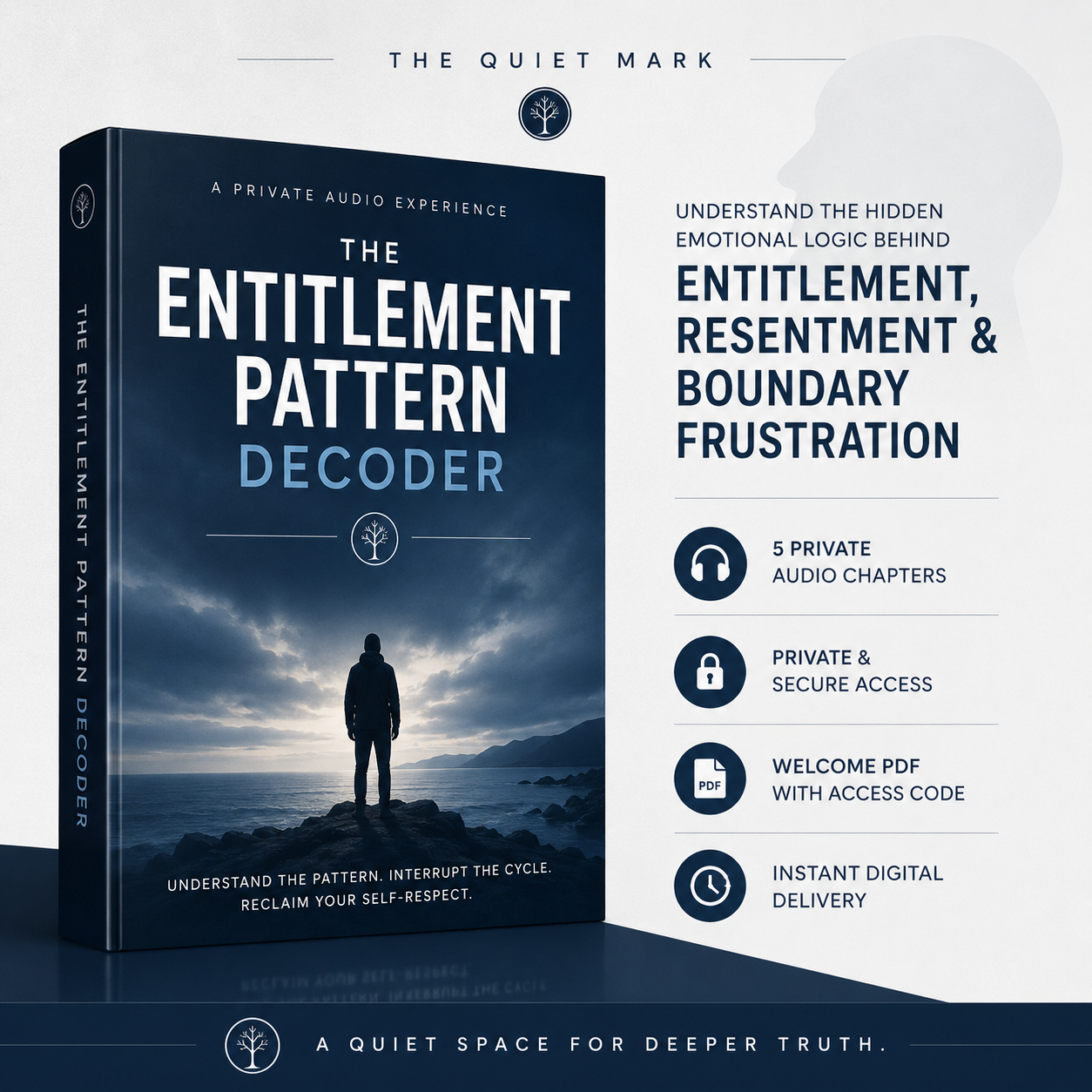 Book titled 'The Entitlement Pattern Decoder' by The Quiet Mark with a silhouette of a person on a mountain.