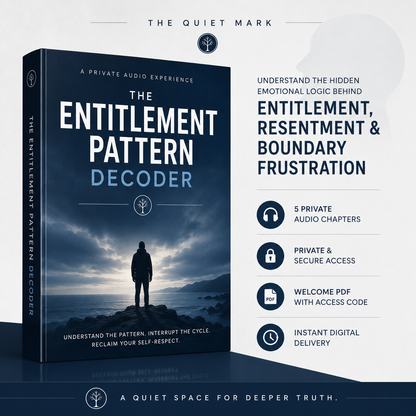 Book titled 'The Entitlement Pattern Decoder' by The Quiet Mark with a silhouette of a person on a mountain.