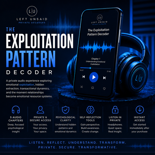 Dark blue cinematic cover art for The Exploitation Pattern Decoder featuring headphones, smartphone audio player, waveform graphics, and private psychological audio branding.