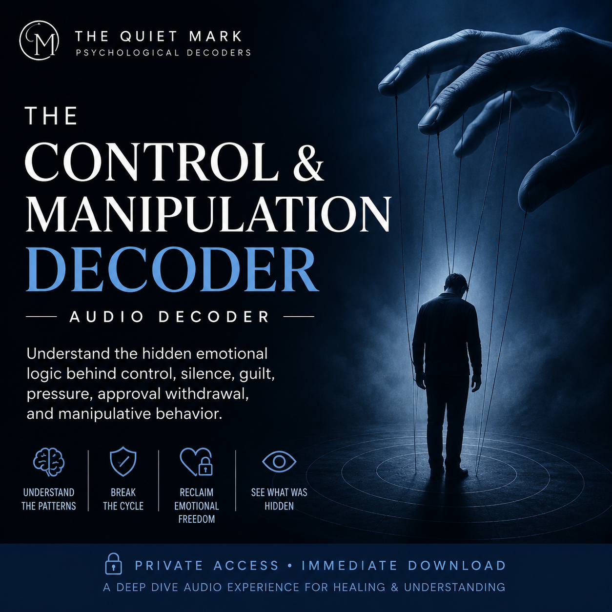 Promotional graphic for 'The Control & Manipulation Decoder' with a silhouette of a person being controlled by strings.