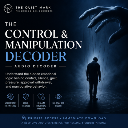 Promotional graphic for 'The Control & Manipulation Decoder' with a silhouette of a person being controlled by strings.