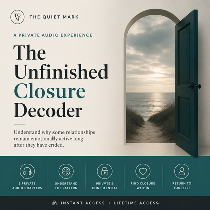 The Quiet Mark Unfinished Closure Decoder cover image featuring an open teal door leading toward a calm ocean horizon, symbolizing emotional closure, unresolved endings, reflection, and moving forward after a relationship ends.