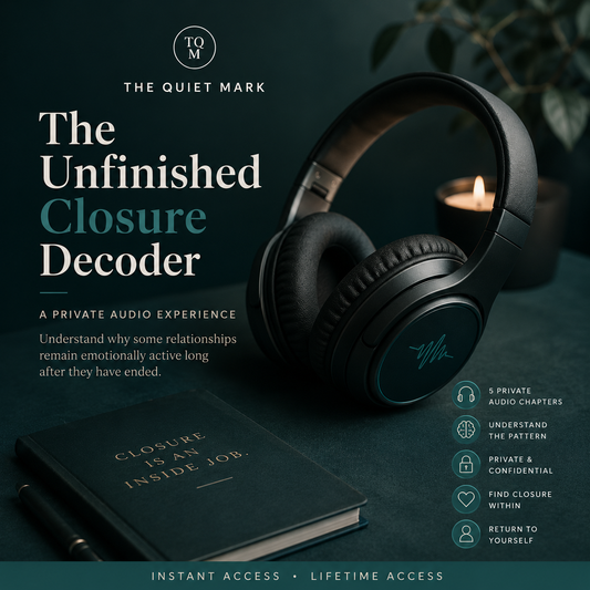Premium over-ear headphones resting beside a journal in a dark teal listening space, representing The Quiet Mark Unfinished Closure Decoder private audio experience focused on emotional closure, reflection, and understanding unresolved relationship endings.